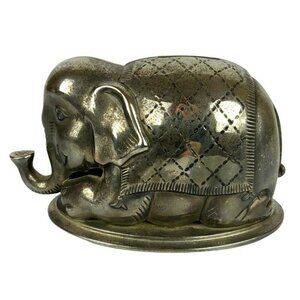 Vintage Silver Tone Circus Elephant Coin Bank Kneeling Decorative Patina Finish